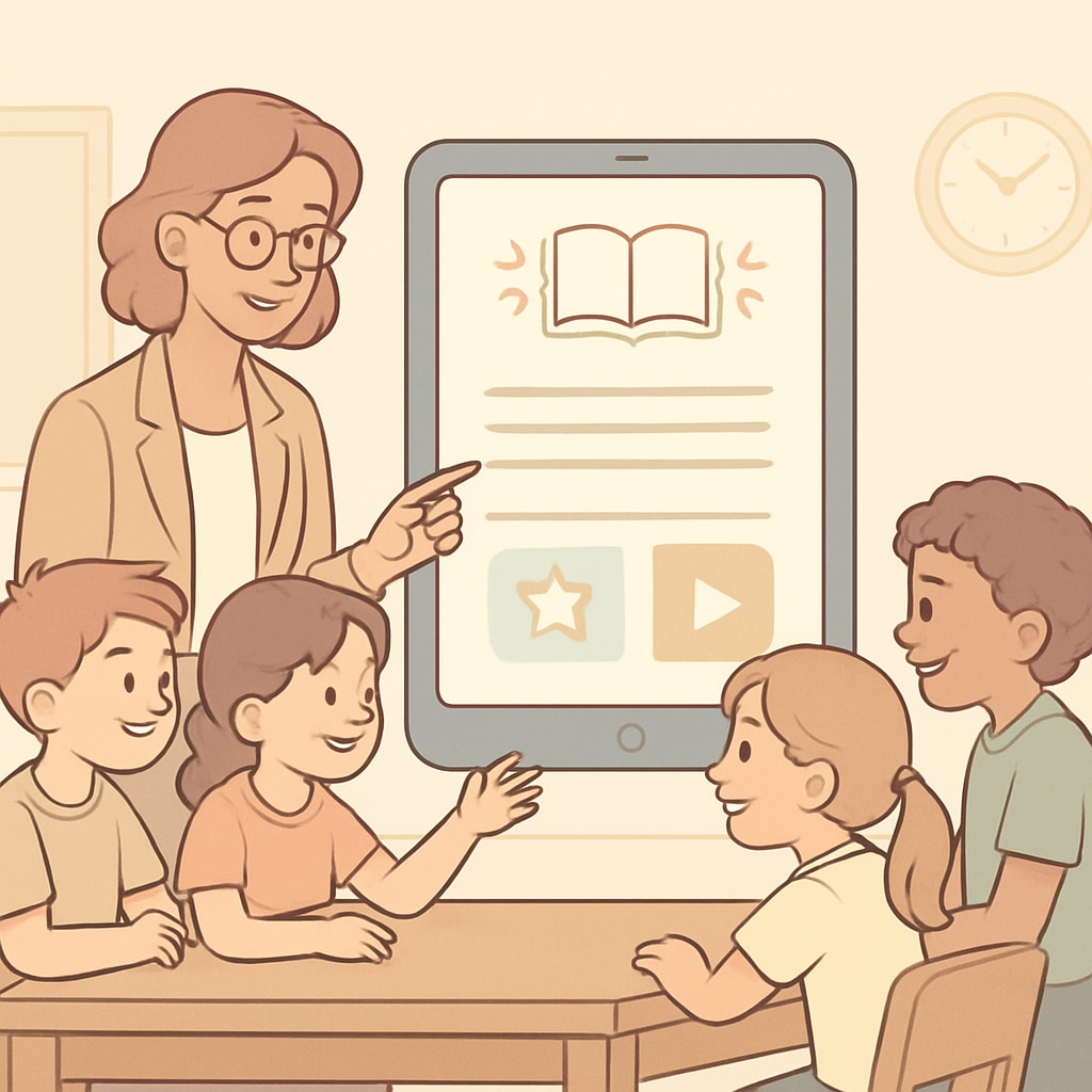 A teacher and a group of young students exploring a reading app together in a classroom setting. The image highlights the collaborative and educational use of the app. A teacher guiding students in exploring a children's reading app in class.