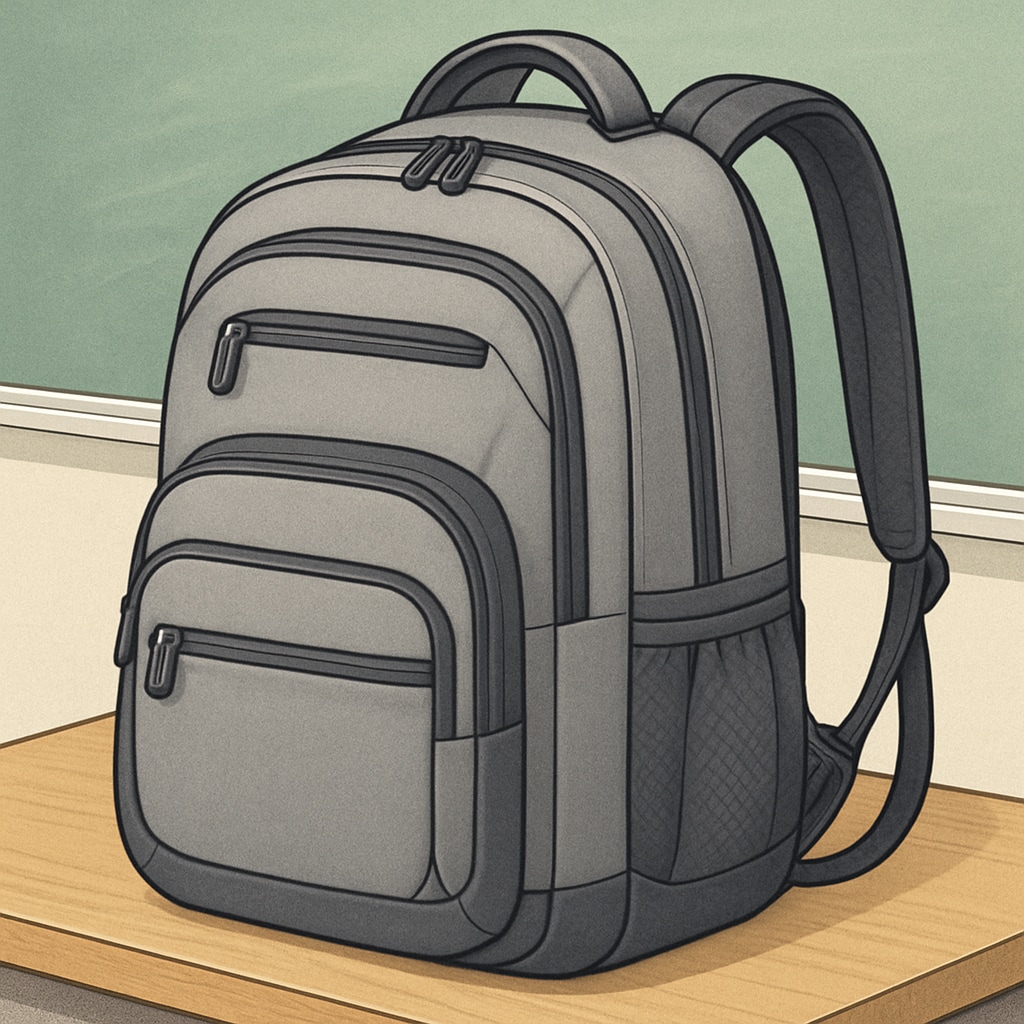 A modern college backpack with multiple compartments displayed on a wooden desk, highlighting its practicality and durability. Affordable college backpack with multiple compartments for students.
