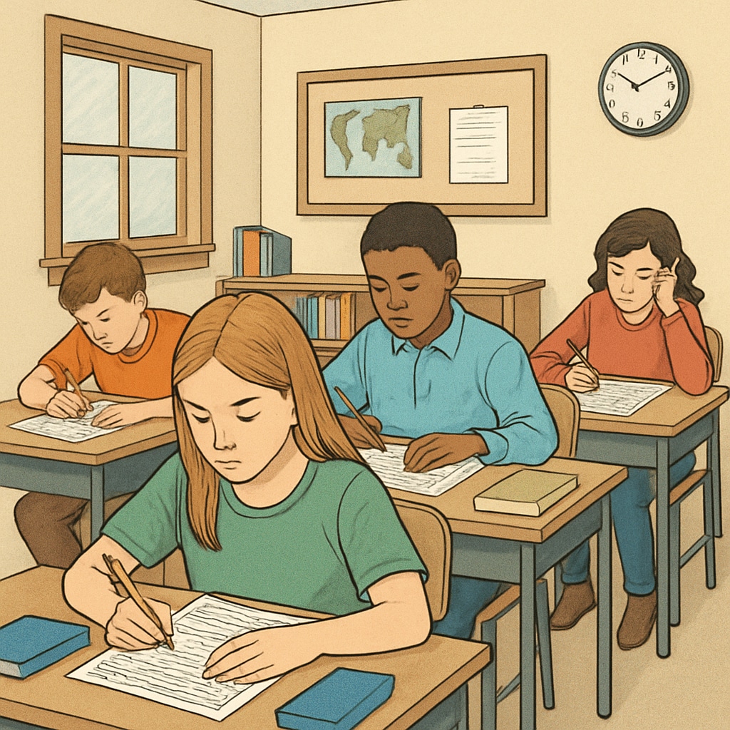 A classroom setting with students taking a standardized test, emphasizing focused learning. Students engaged in a test environment, suitable for assessing high-quality resources.