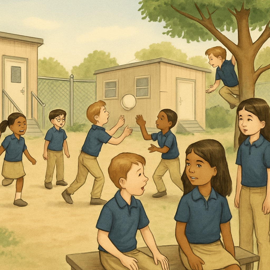 A group of elementary students adjusting to a smaller outdoor space in a temporary school setting. Students exploring a smaller playground due to temporary school relocation.