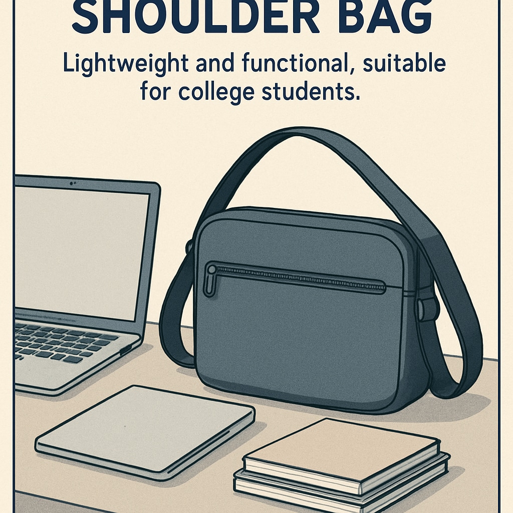A sleek shoulder bag resting on a table beside a laptop and notebooks, showcasing its lightweight design and functionality for college students. Lightweight shoulder bag for college students with stylish design.