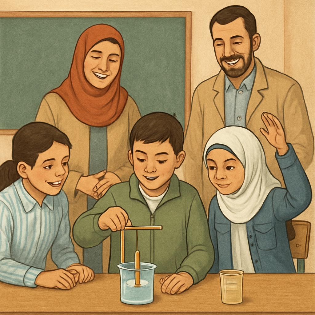 Children in Gaza participating in a science lesson, highlighting education rebuilding efforts.