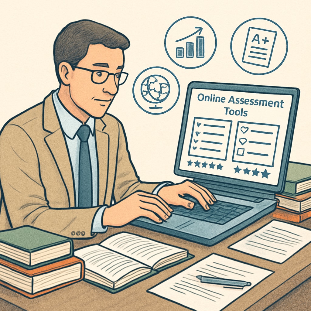 A teacher reviewing online assessment tools on a laptop, symbolizing resource selection. Educator evaluating test resources on a laptop for effective learning strategies.