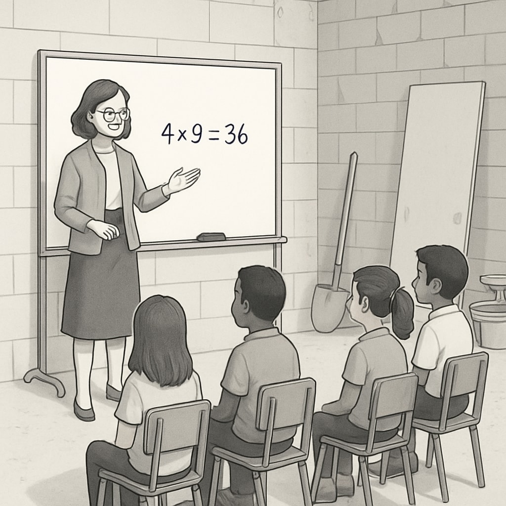 A teacher conducting a lesson in a makeshift classroom during school renovations. A teacher and students in a temporary learning environment during renovations.