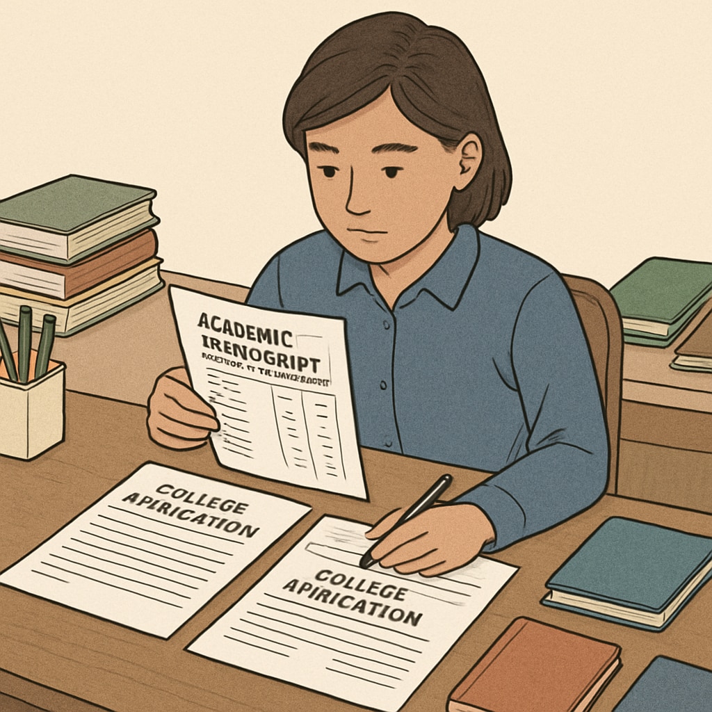 A student reviewing their transcript while preparing college application documents. Student reviewing transcript for Harvard applications and addressing low grades.