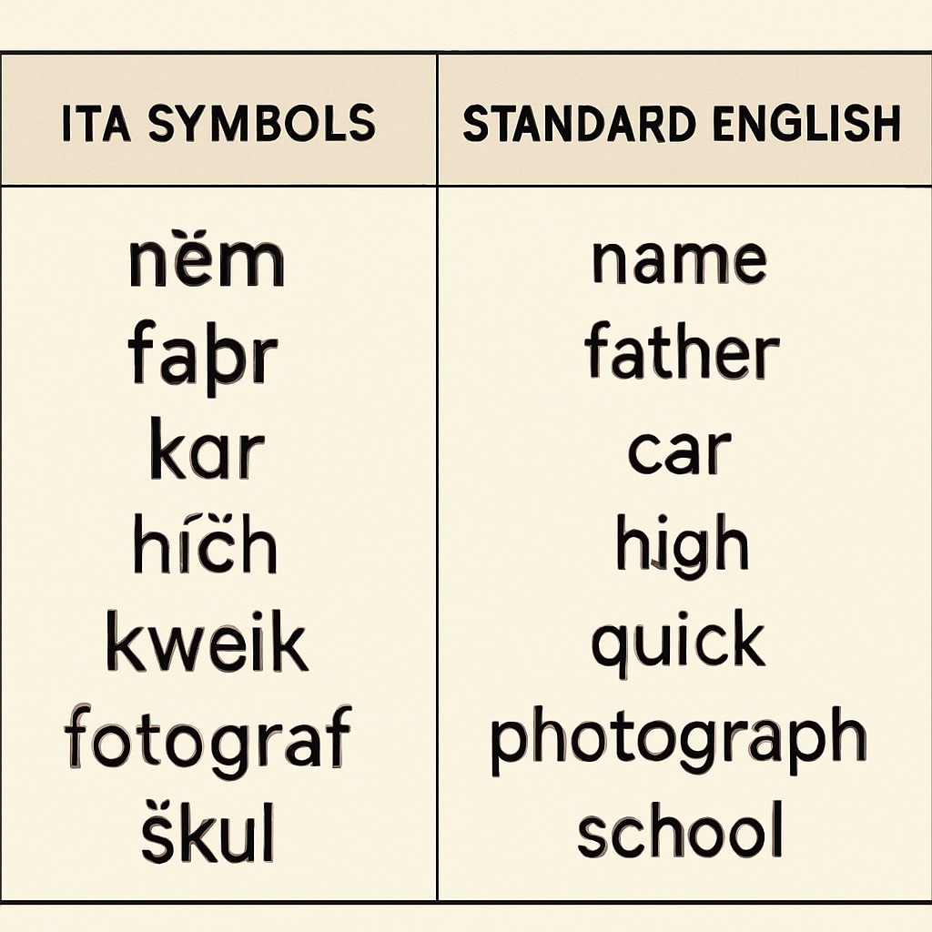 Comparison of ITA symbols and traditional English spelling systems.