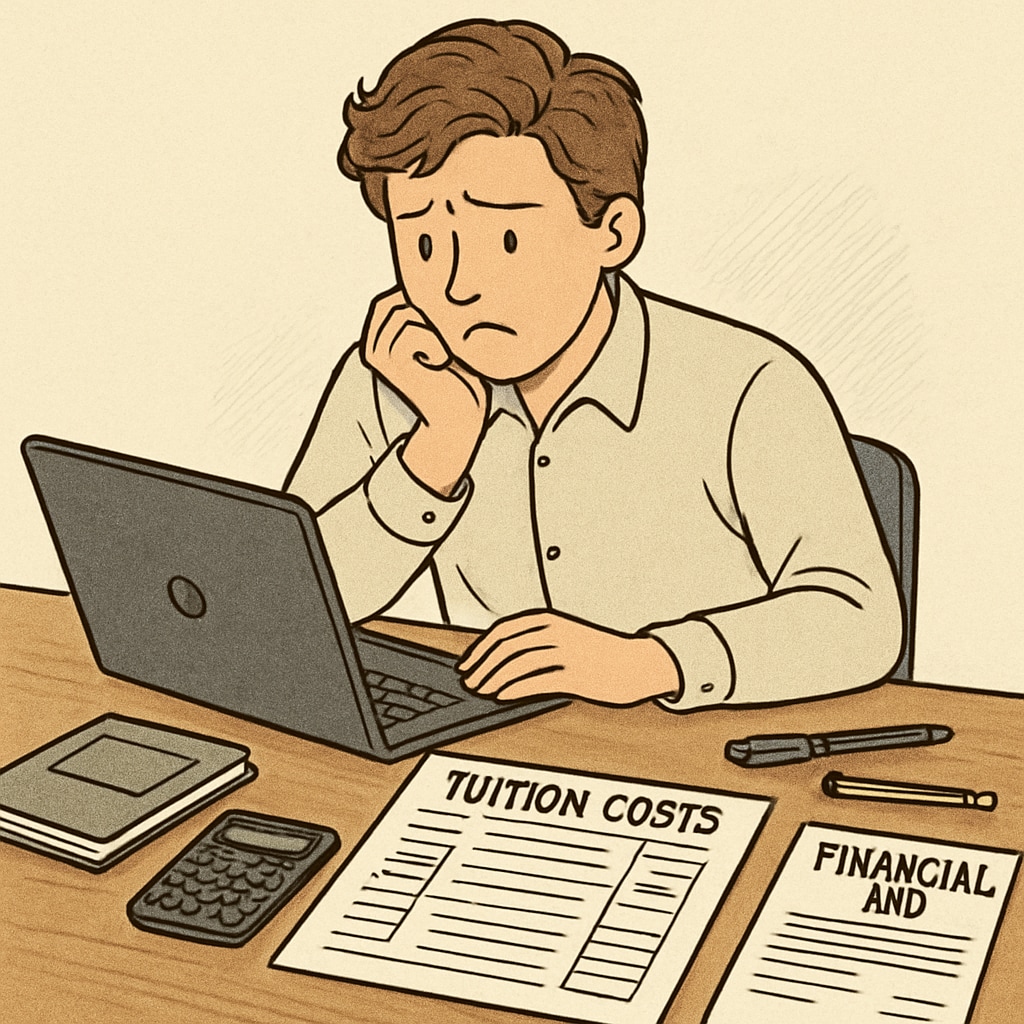 A student sitting at a desk with a laptop, surrounded by financial documents, representing the stress of managing tuition costs. Student managing tuition costs with financial documents and a laptop.