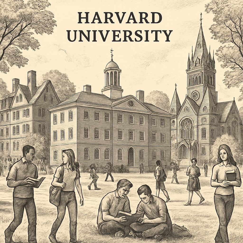 Harvard University campus with students walking near historic buildings. Iconic view of Harvard University campus with students preparing for admissions.