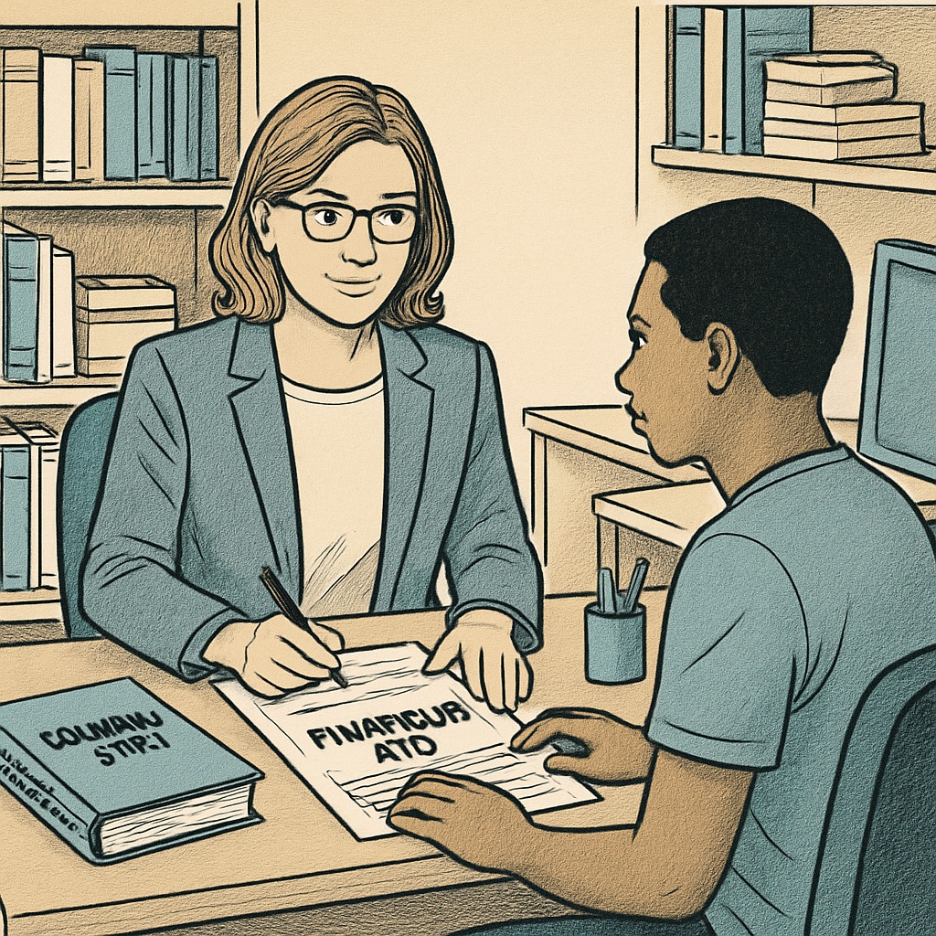 A financial aid officer assisting a student with paperwork, symbolizing the importance of accessible economic aid systems. Financial aid officer helping a student with forms.