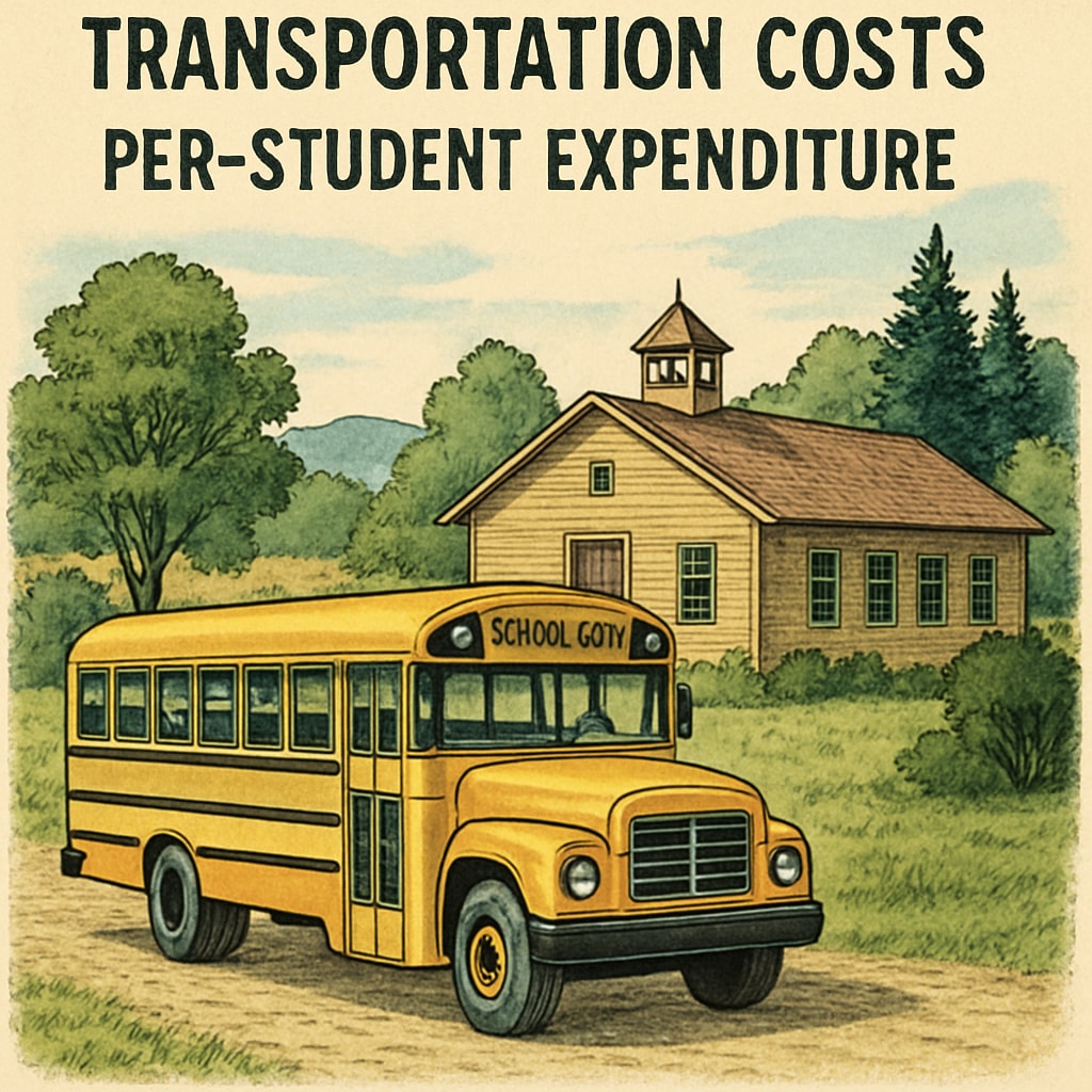 A yellow school bus parked outside a rural school, illustrating how transportation costs impact per-student expenditure calculations. Yellow school bus parked outside a rural school, emphasizing transportation costs in budgets.