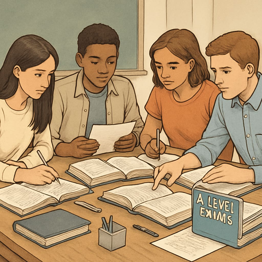 A group of students reviewing study materials for A-Level exam preparation, representing the effort required to overcome academic challenges. Students studying for A-Level exams to improve university entry chances