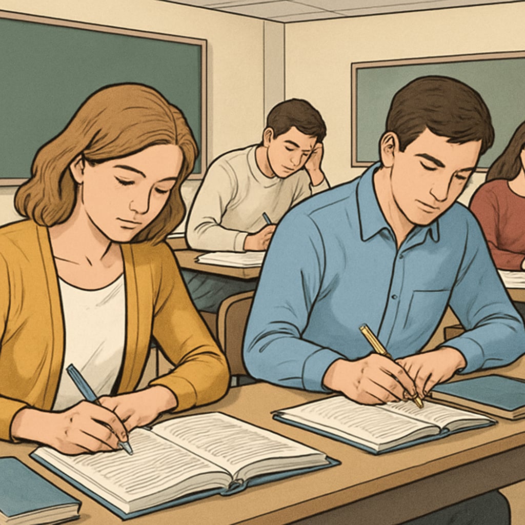 A classroom setting with students engaged in an intensive study session, symbolizing preparation for retaking exams or foundation year courses. Students in a classroom preparing for academic advancement