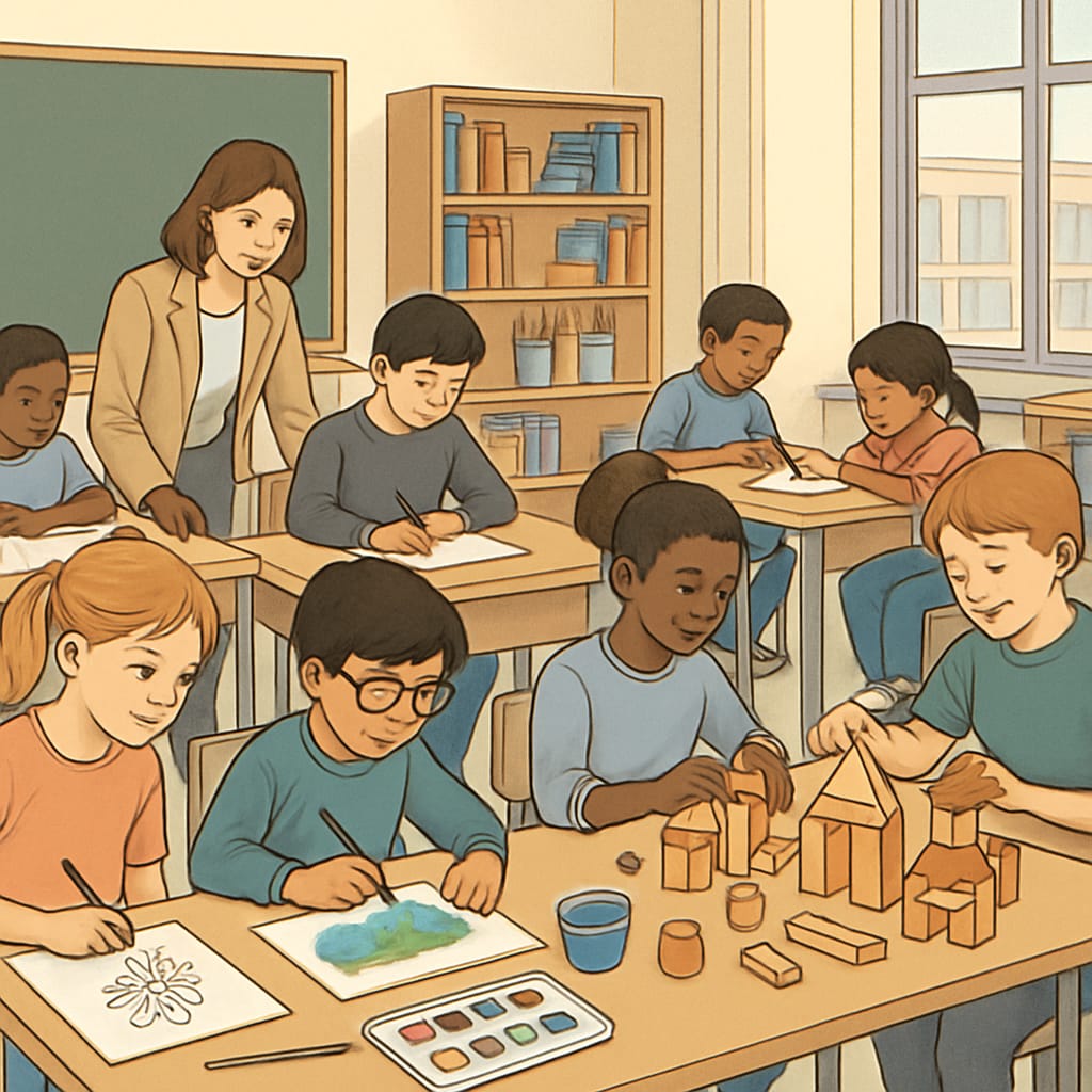 Students in a classroom participating in creative activities, emphasizing holistic education