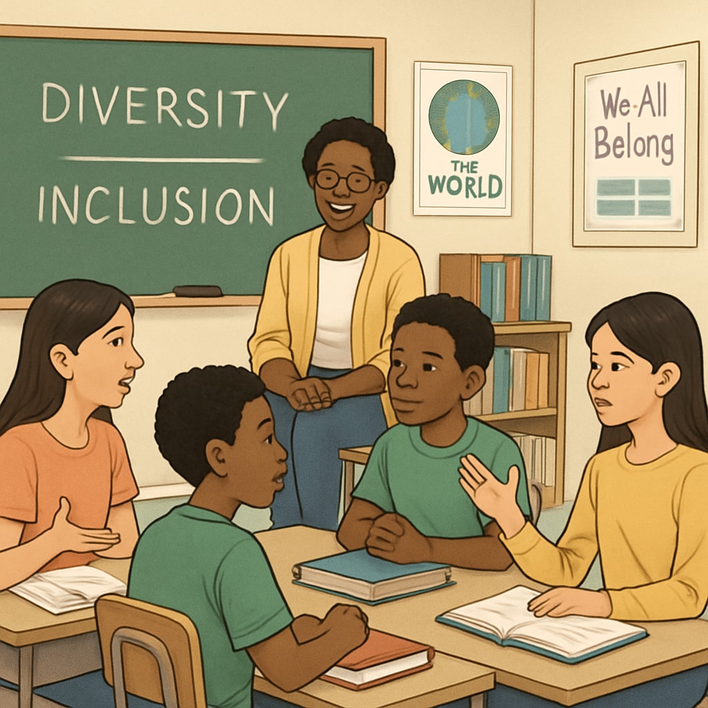 A classroom scene showing students engaged in a discussion about diversity and inclusion. Students discussing diversity and inclusion in a classroom setting.