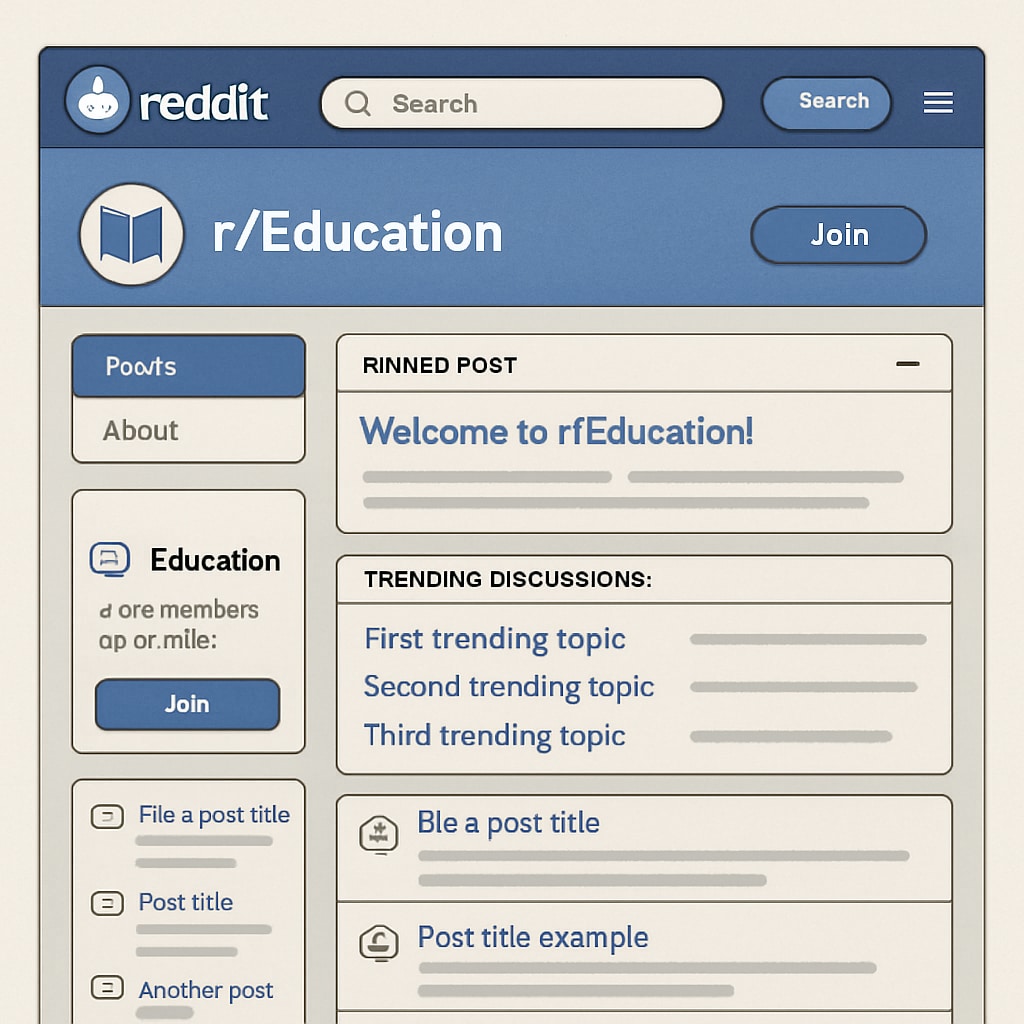 Screenshot of r/Education subreddit homepage showcasing pinned posts and trending discussions related to education subreddits.