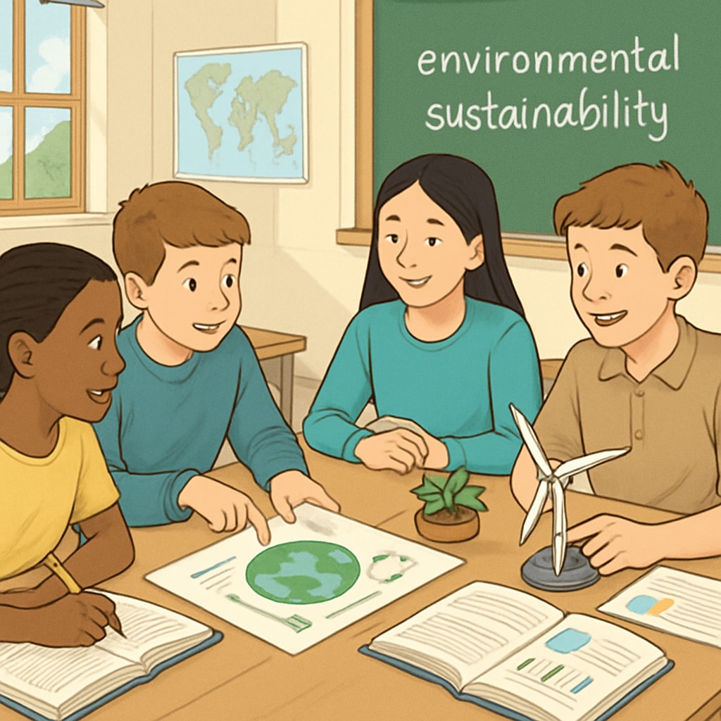 Students collaborating on a project about environmental sustainability in their classroom. Students working on an environmental sustainability project in school.