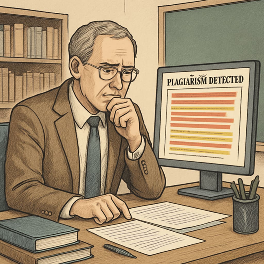 Professor reviewing plagiarism detection results after accusing a student.