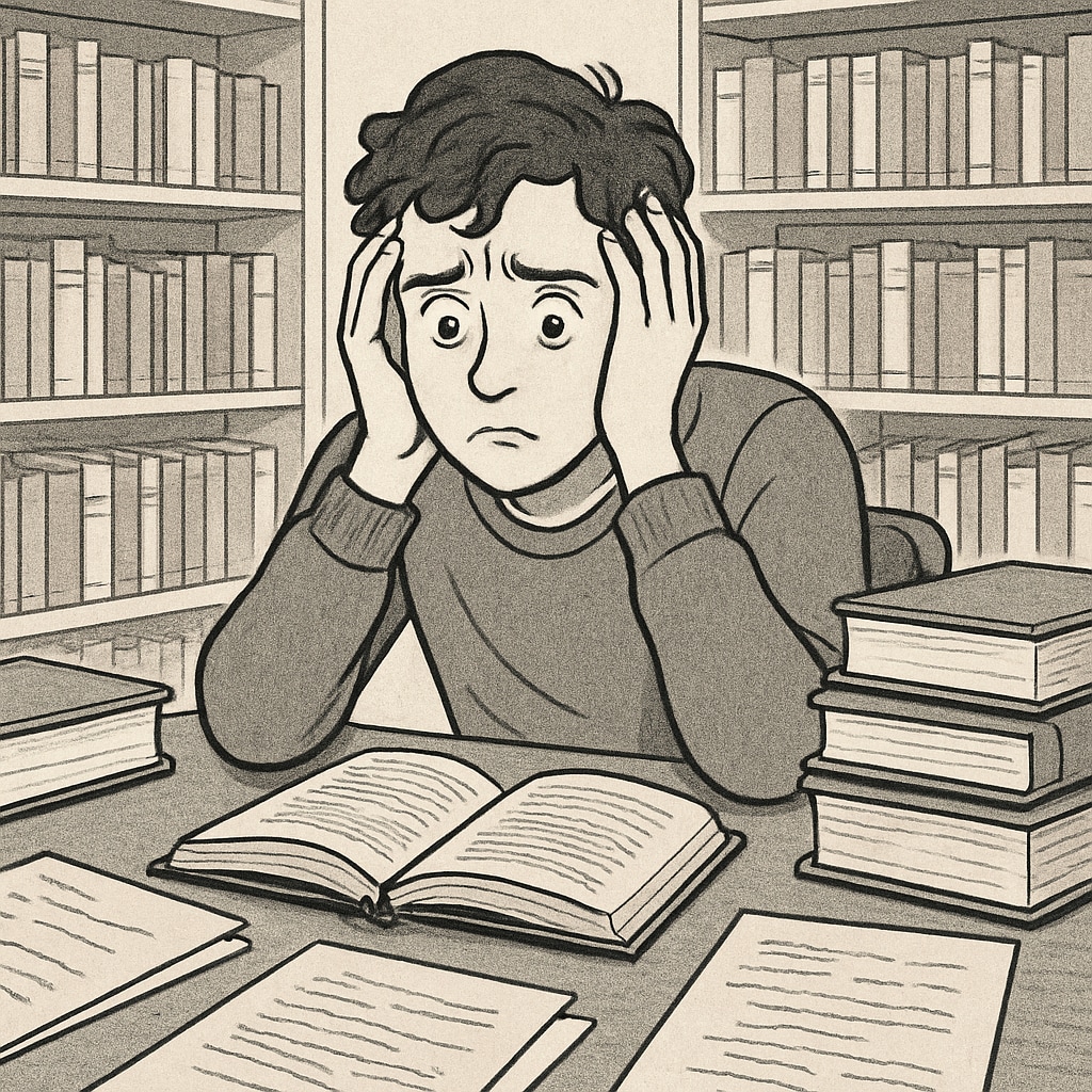 Anxious student sitting in a library after a false plagiarism accusation.