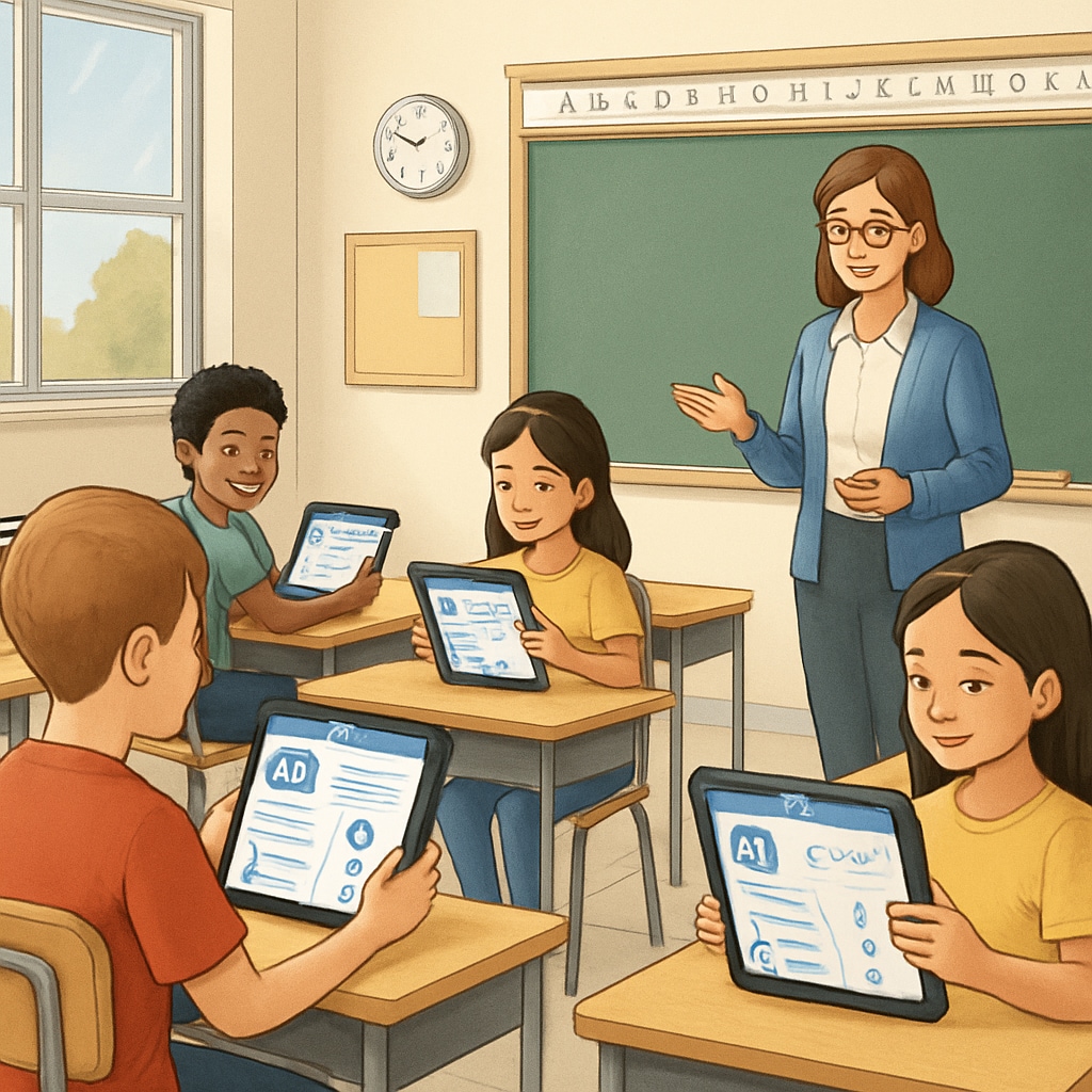 Students in a classroom engaging with personalized AI learning tools.
