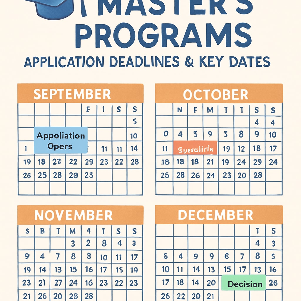 A calendar marked with application deadlines and key dates for U.S. master's programs. Calendar showing deadlines for U.S. master's program applications.