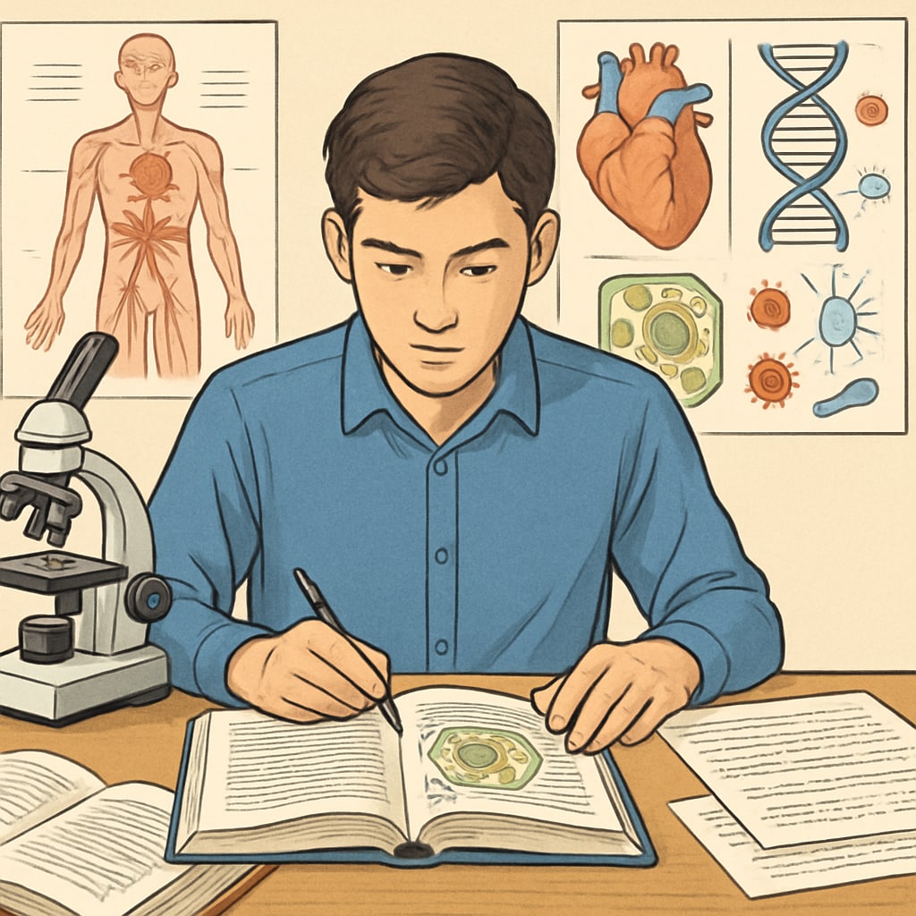 A determined student studying biology at a desk, symbolizing the pursuit of a medical career. Aspiring medical student studying biology, representing educational challenges.