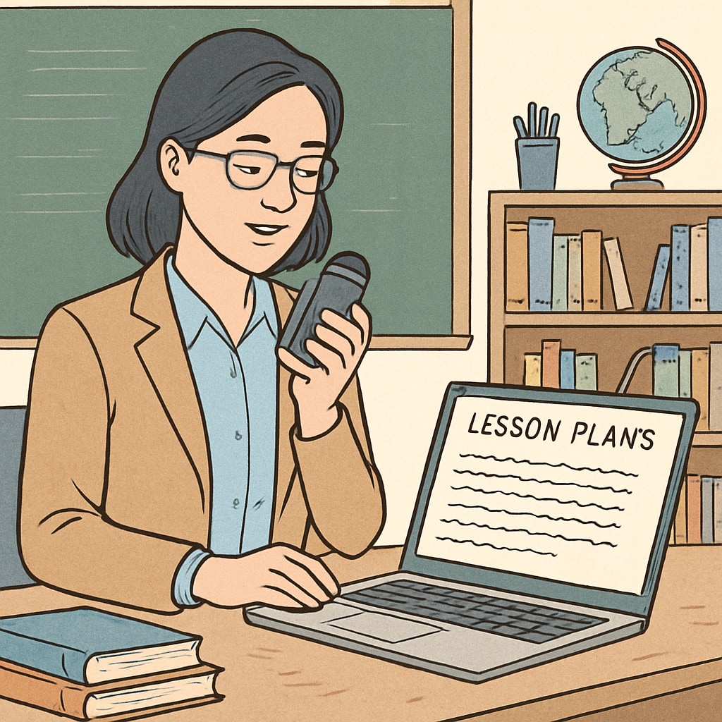 A teacher using a voice recognition tool to dictate lesson plans, with a laptop displaying converted text in a classroom setting. Teacher using voice recognition technology to enhance teaching workflows.