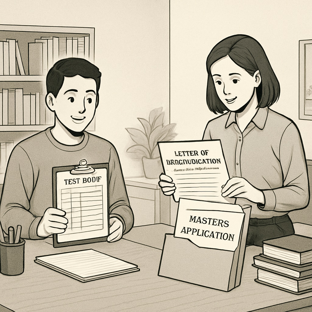 Students preparing their application materials, including test scores and recommendation letters, for U.S. master's programs. Students organizing documents for U.S. master's program applications.
