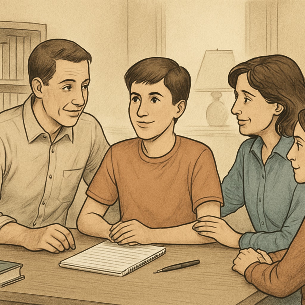 A supportive family discussing career options with their child, emphasizing collaboration and understanding. Family supporting a student in choosing a medical career, addressing family pressure.