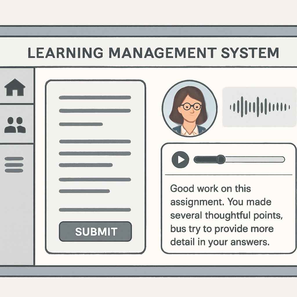 A screenshot of a learning management system displaying voice-to-text feedback from a teacher, highlighting the integration of technology in education. Voice recognition tool integrated with a learning management system for feedback.