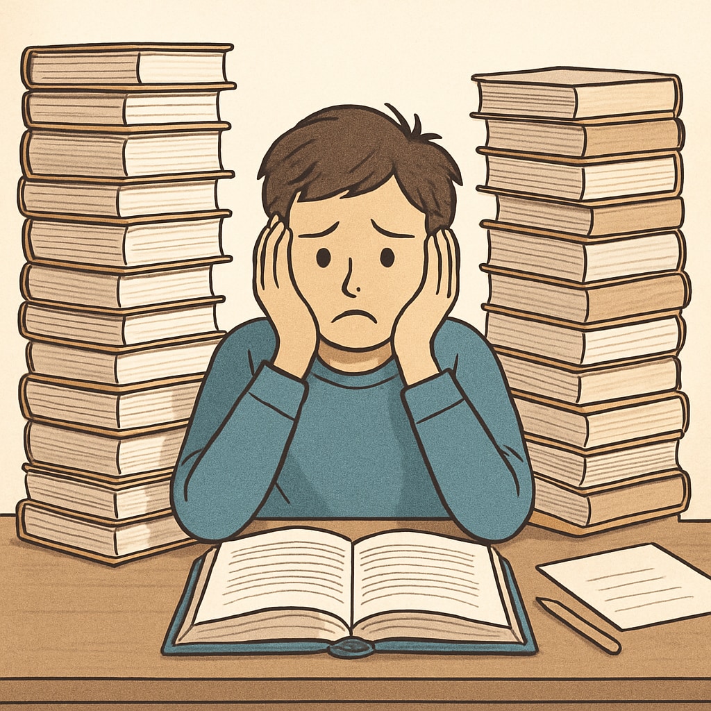 A student overwhelmed by books, illustrating the pressure of rigorous education. Rigorous education and its emotional impact, featuring a stressed student.
