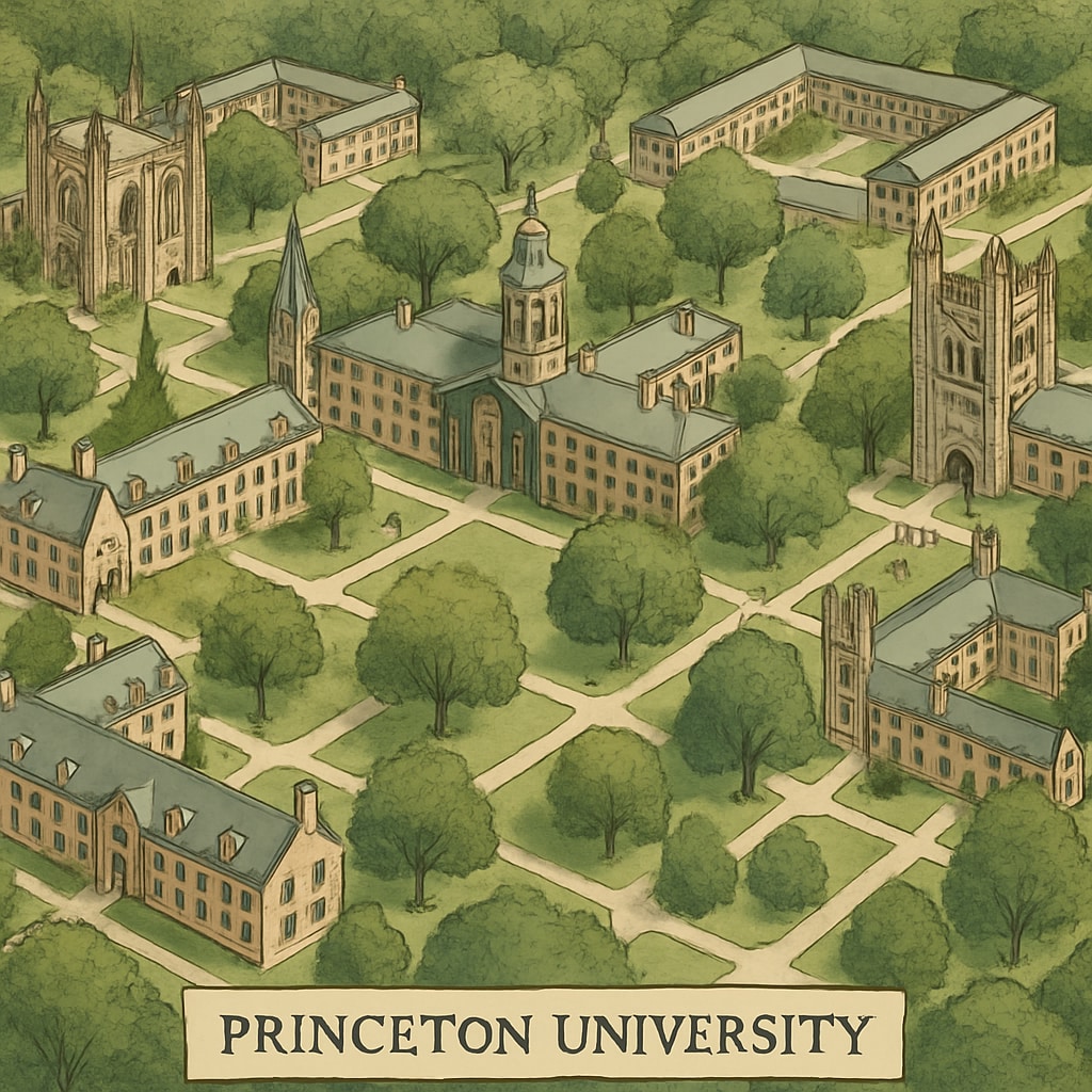 A bird's-eye view of Princeton University's main campus, showcasing its iconic architecture and tree-lined paths. Princeton University's campus aerial view with iconic buildings and trees