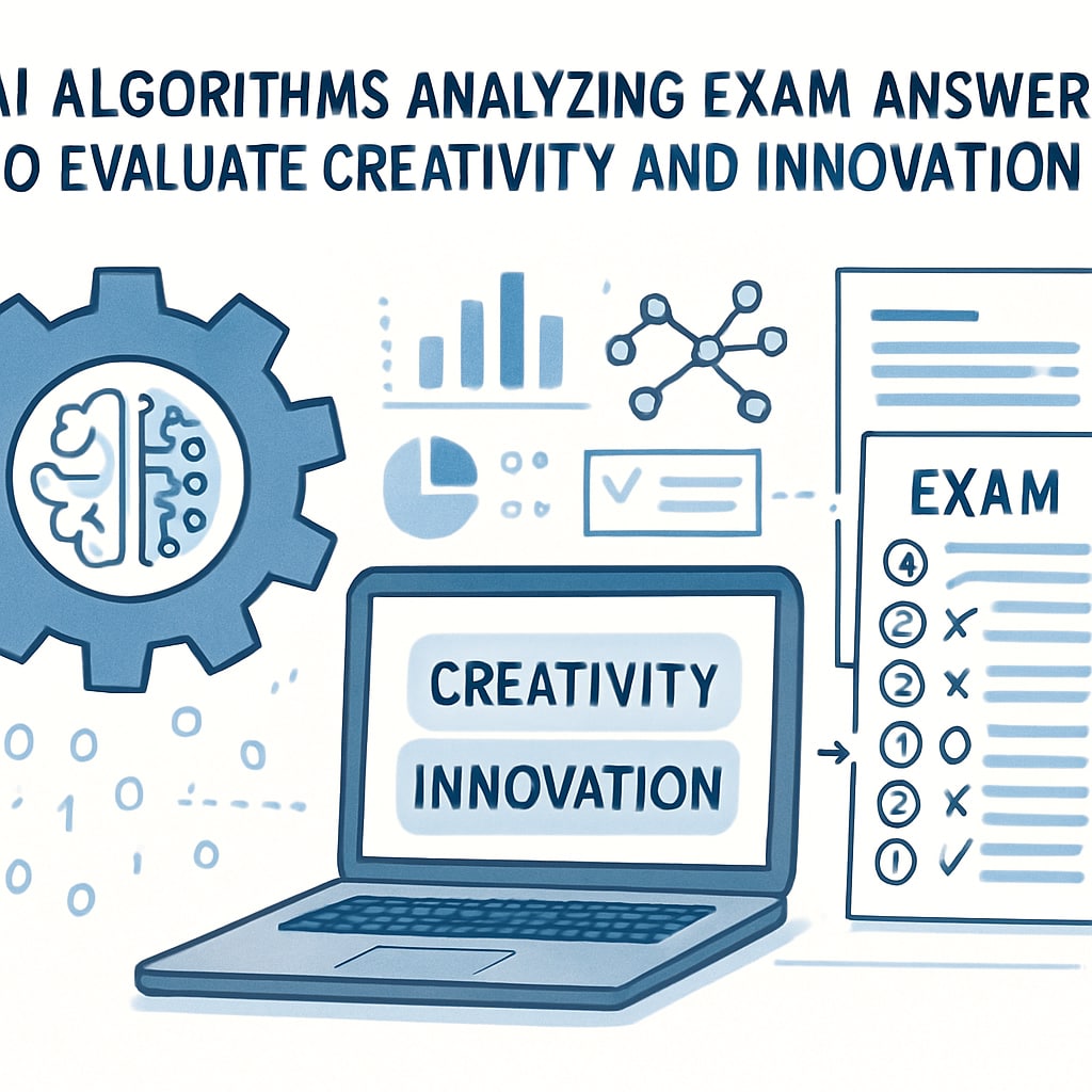 A conceptual image showing AI algorithms analyzing exam answers to assess creativity and innovation. This highlights the integration of technology into modern evaluation systems. AI analyzing competitive exam answers for creativity and innovation