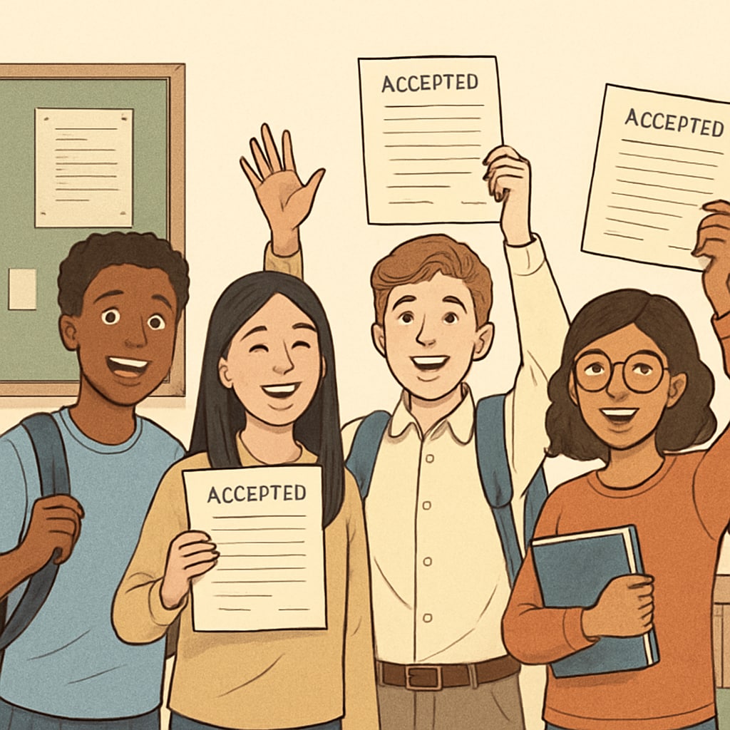 Group of students celebrating college acceptance letters despite academic setbacks.