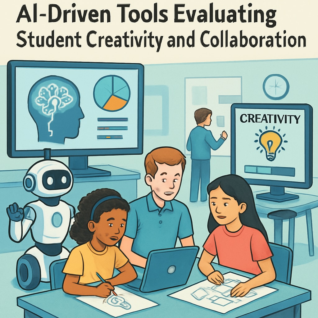 A futuristic classroom setting where AI-driven tools are used to evaluate student creativity and collaboration. The image emphasizes the role of AI in transforming education systems. Futuristic AI classroom evaluating student creativity