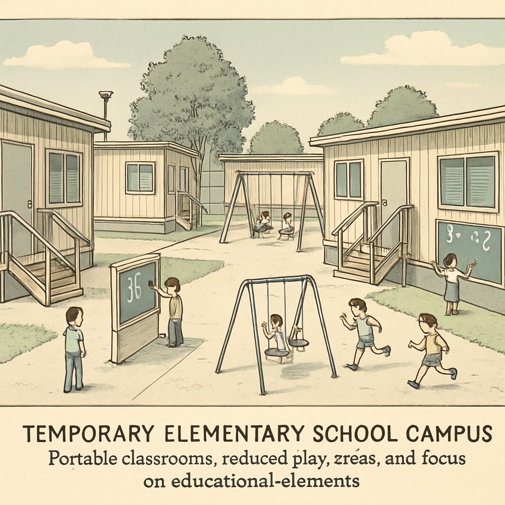 Temporary campus setup with portable classrooms and limited play areas.