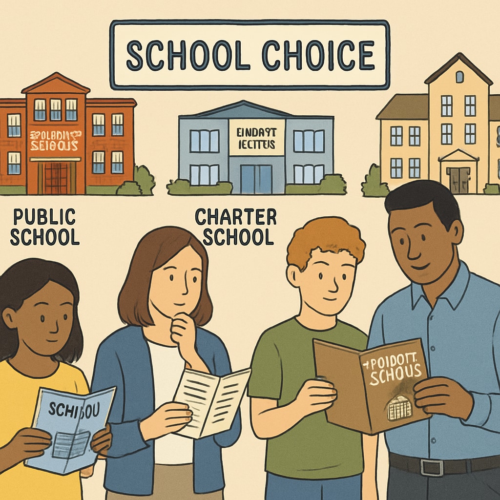 A visual representation of school choice policies, with students and parents reviewing educational options. Students and parents reviewing school choice options.