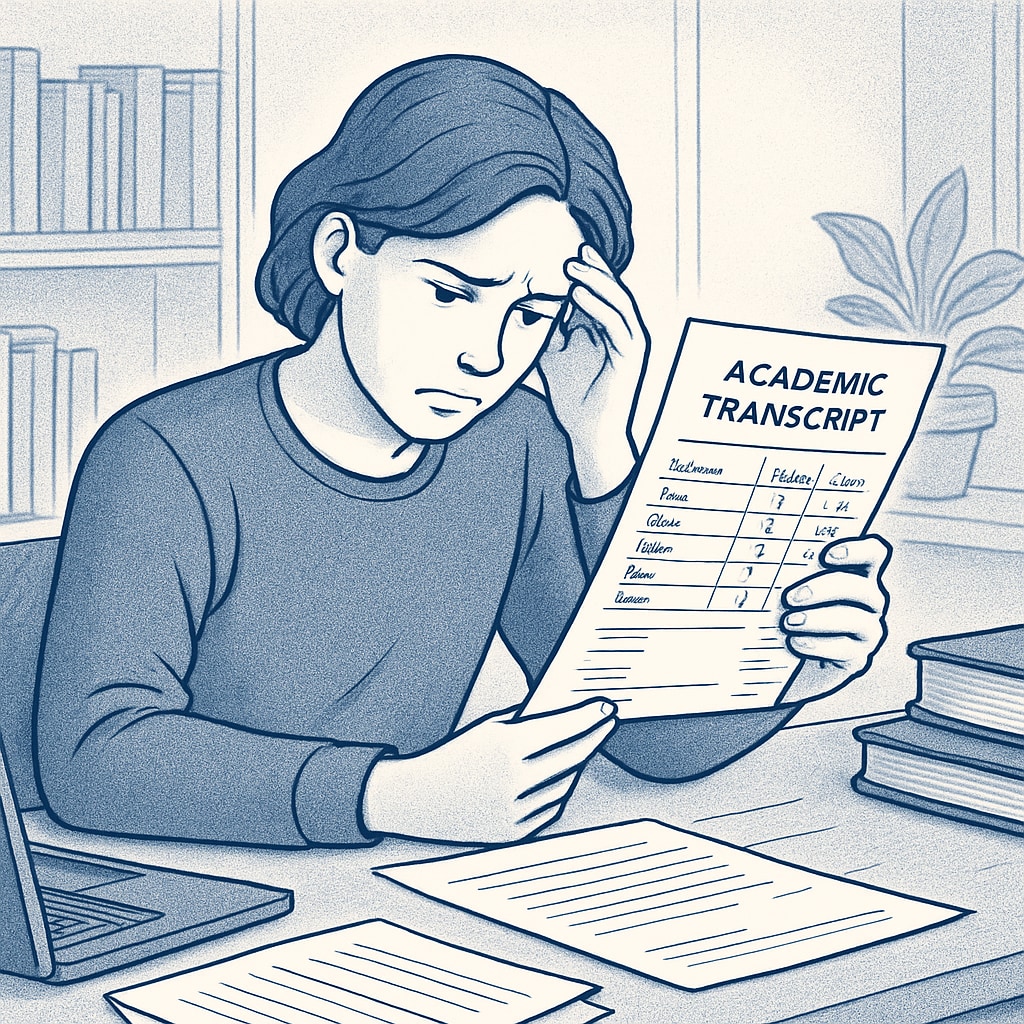 A student reviewing their transcript with concern, symbolizing the weight of academic performance in Ivy League applications. Student reviewing transcript for Ivy League admission concerns.