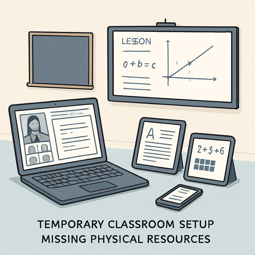 Temporary classroom using digital tools to offset missing facilities.