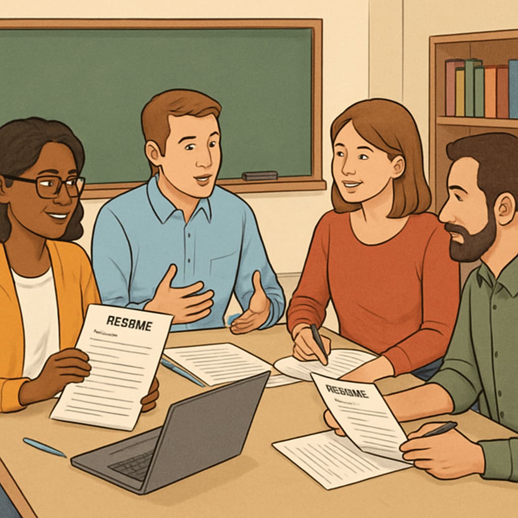 Teachers discussing resumes for Canadian education jobs.