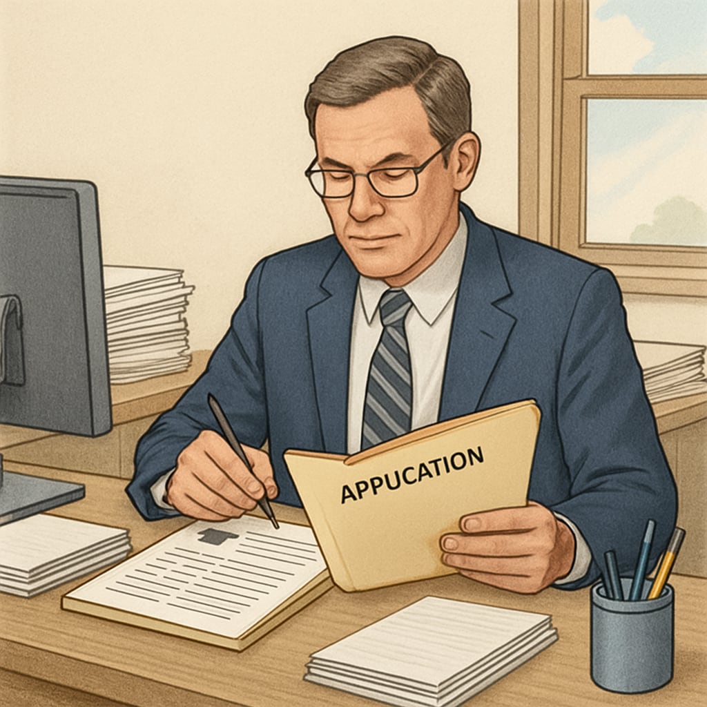 An admissions officer reviewing a student’s application, emphasizing the holistic evaluation process. Admissions officer evaluating a college application holistically.