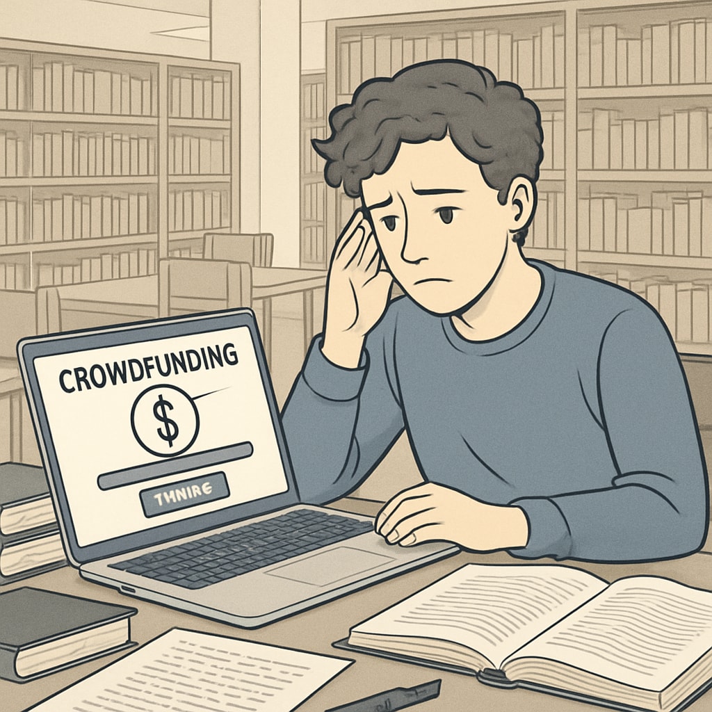A university student studying in a library with a crowdfunding webpage open on their laptop, illustrating the financial struggles of higher education. Crowdfunding for tuition fees and higher education challenges.