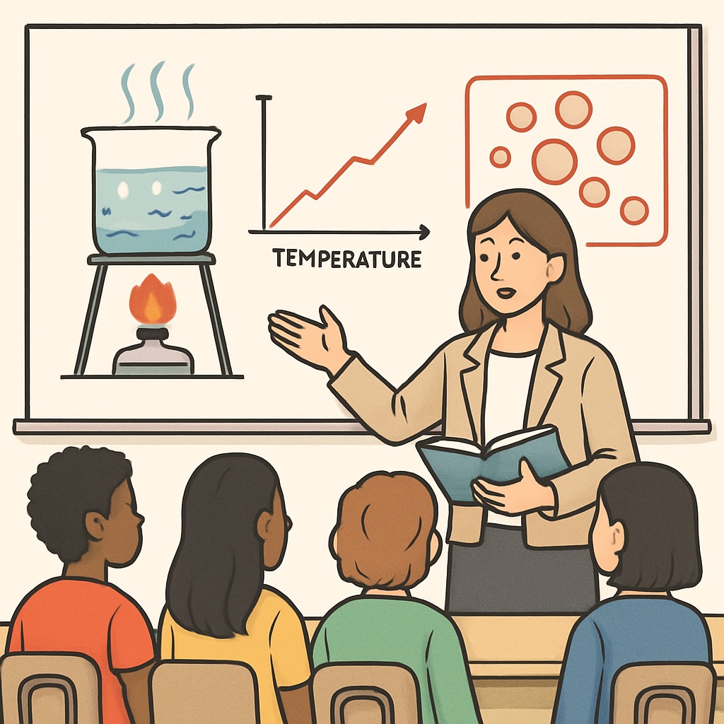 A teacher explaining a science experiment using visual aids to a diverse group of students, highlighting the importance of visual learning for English learners. Science teacher using visual aids to support English learners in a classroom setting