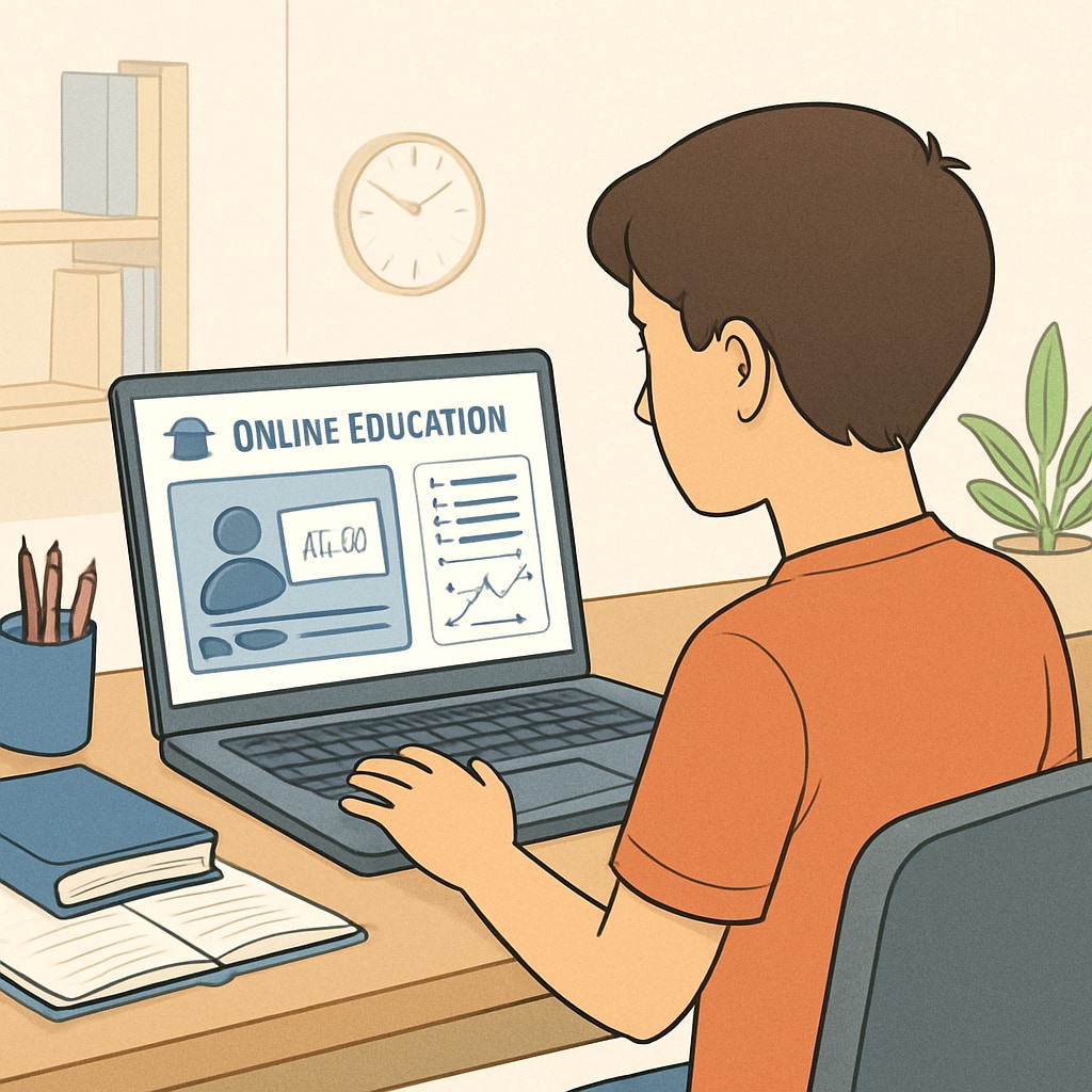 A screenshot of a student using an online educational platform, such as Khan Academy, on a laptop. Student accessing educational courses on Khan Academy.