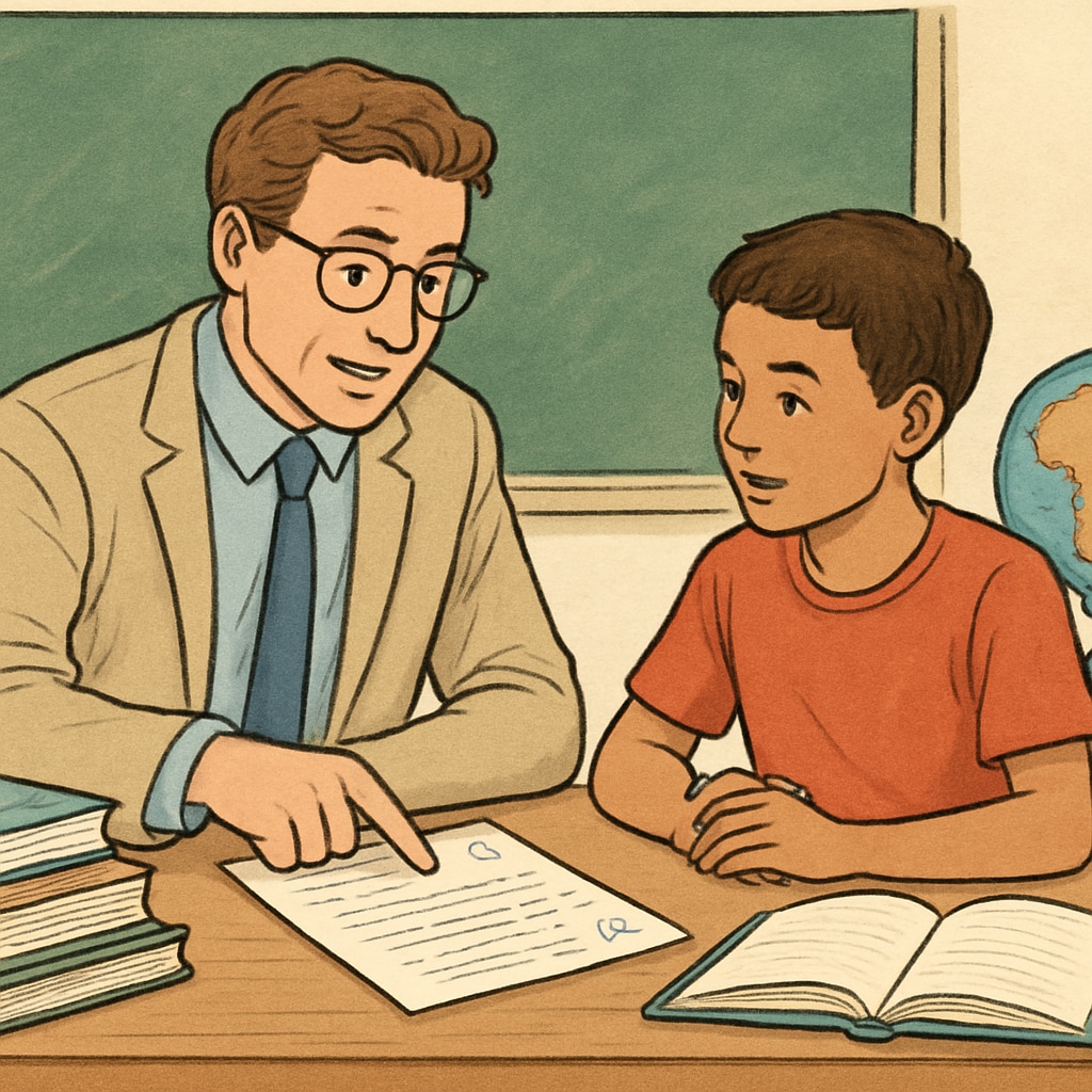 A teacher reviewing test results with a student during a K12 assessment. Teacher discussing test results with a student, a key moment in K12 education using test resources.