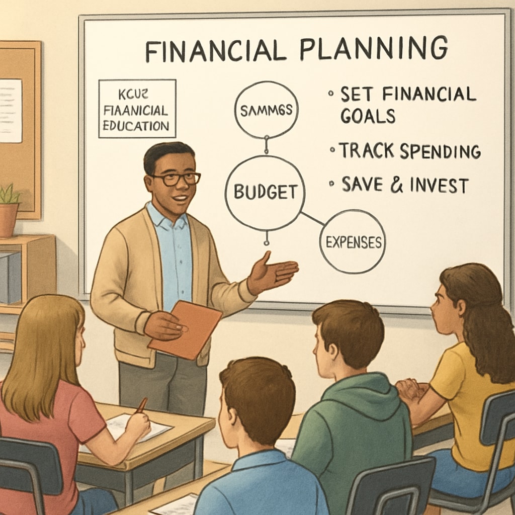 A high school classroom with a teacher explaining financial planning to students using a whiteboard, emphasizing the importance of K12 financial education. High school financial education classroom session.