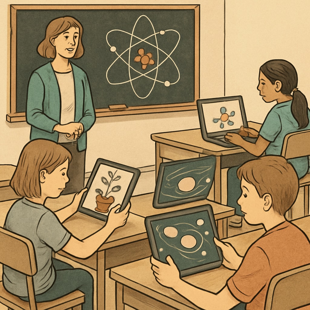 Students using tablets and laptops to engage with science simulations, showcasing technology integration in differentiated instruction. Students engaging with science simulations on devices, supporting differentiated instruction for English learners
