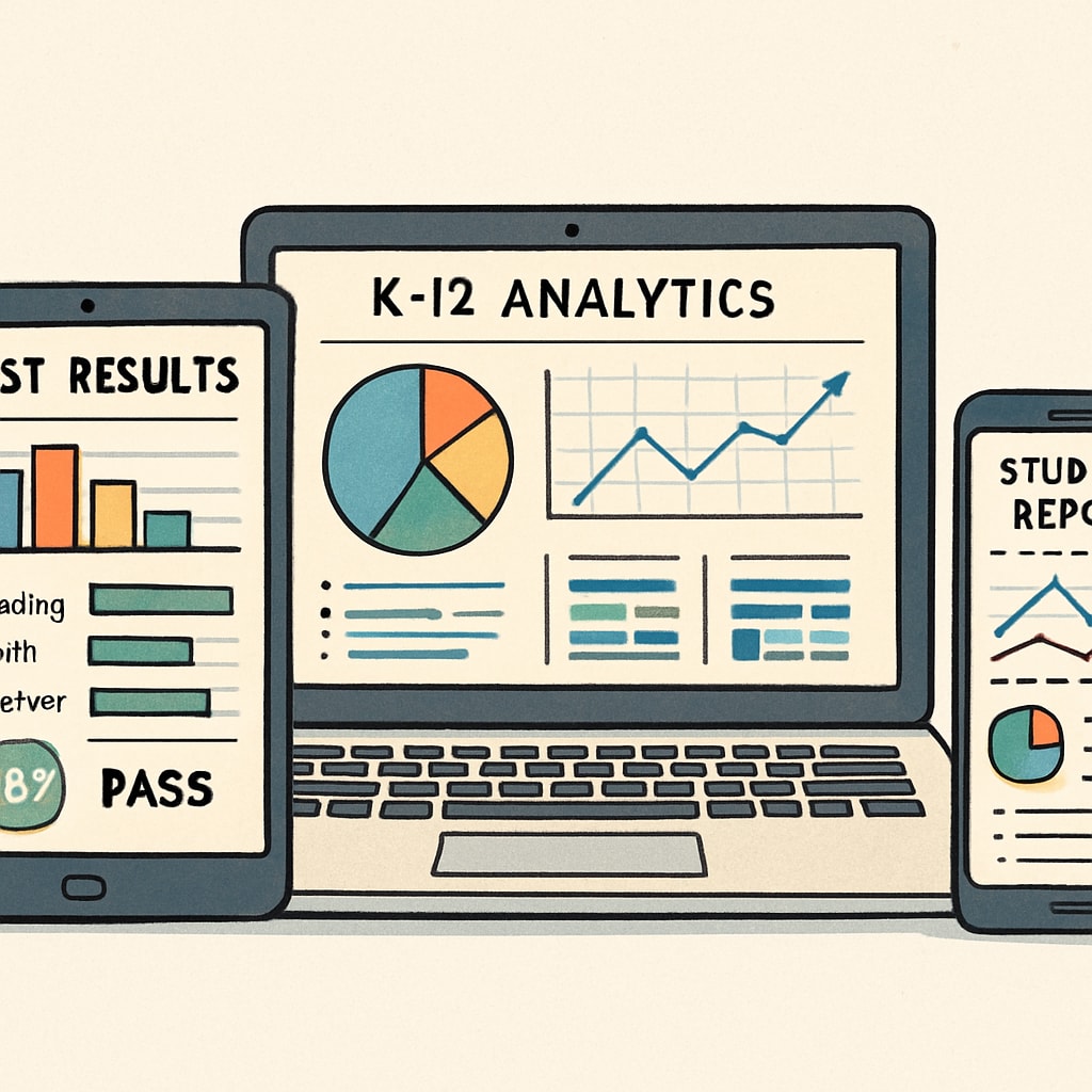 A set of digital devices displaying test results and analytics for K12 students. Digital tools showing K12 student test analytics, highlighting the importance of selecting reliable test resources.