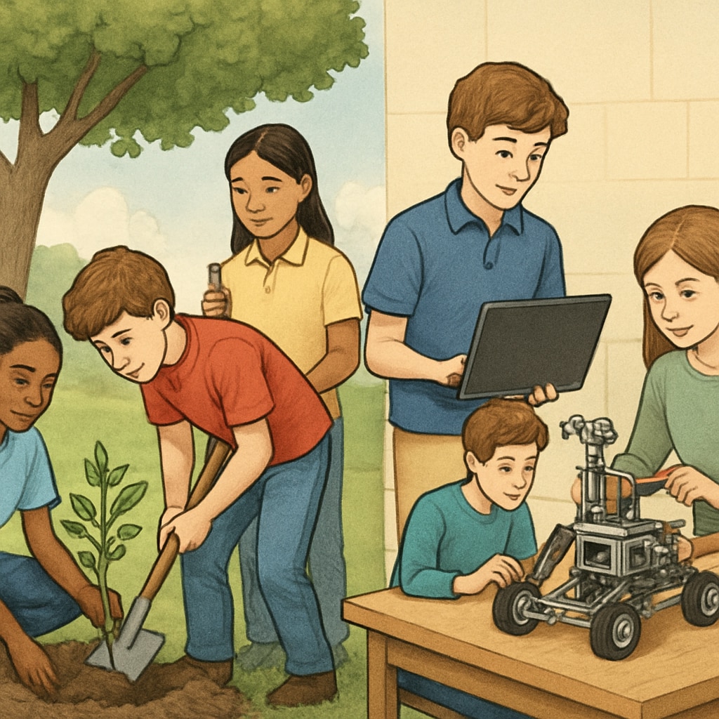 Students participating in a community project, such as planting trees or working together on a robotics project. High school students engaging in extracurricular learning activities.