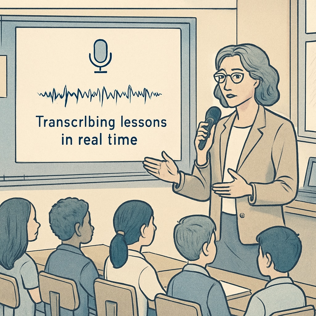 A teacher using a voice recognition tool in a classroom to transcribe lessons in real time. Teacher using voice recognition to enhance classroom management and lesson delivery with WillowVoice.