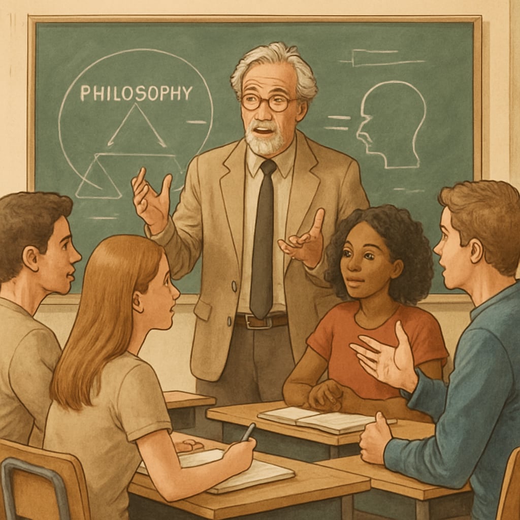Philosophy teachers, social experiment, volunteers discussing with students in a classroom.